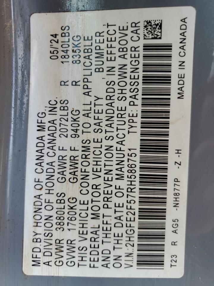 2024 Honda Civic Sport VIN: 2HGFE2F57RH586751 Lot: 62915295