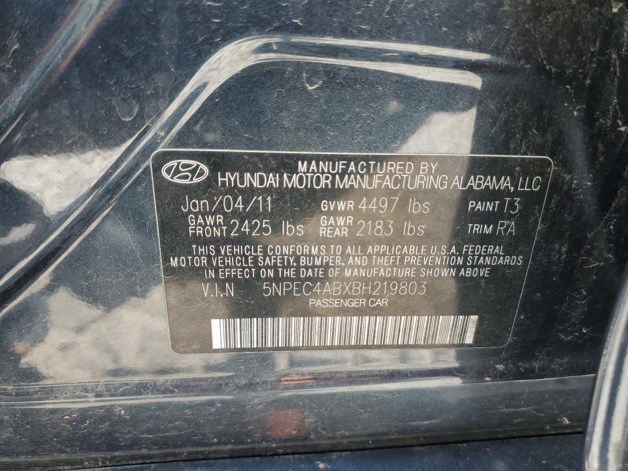 2011 Hyundai Sonata Se VIN: 5NPEC4ABXBH219803 Lot: 65346855