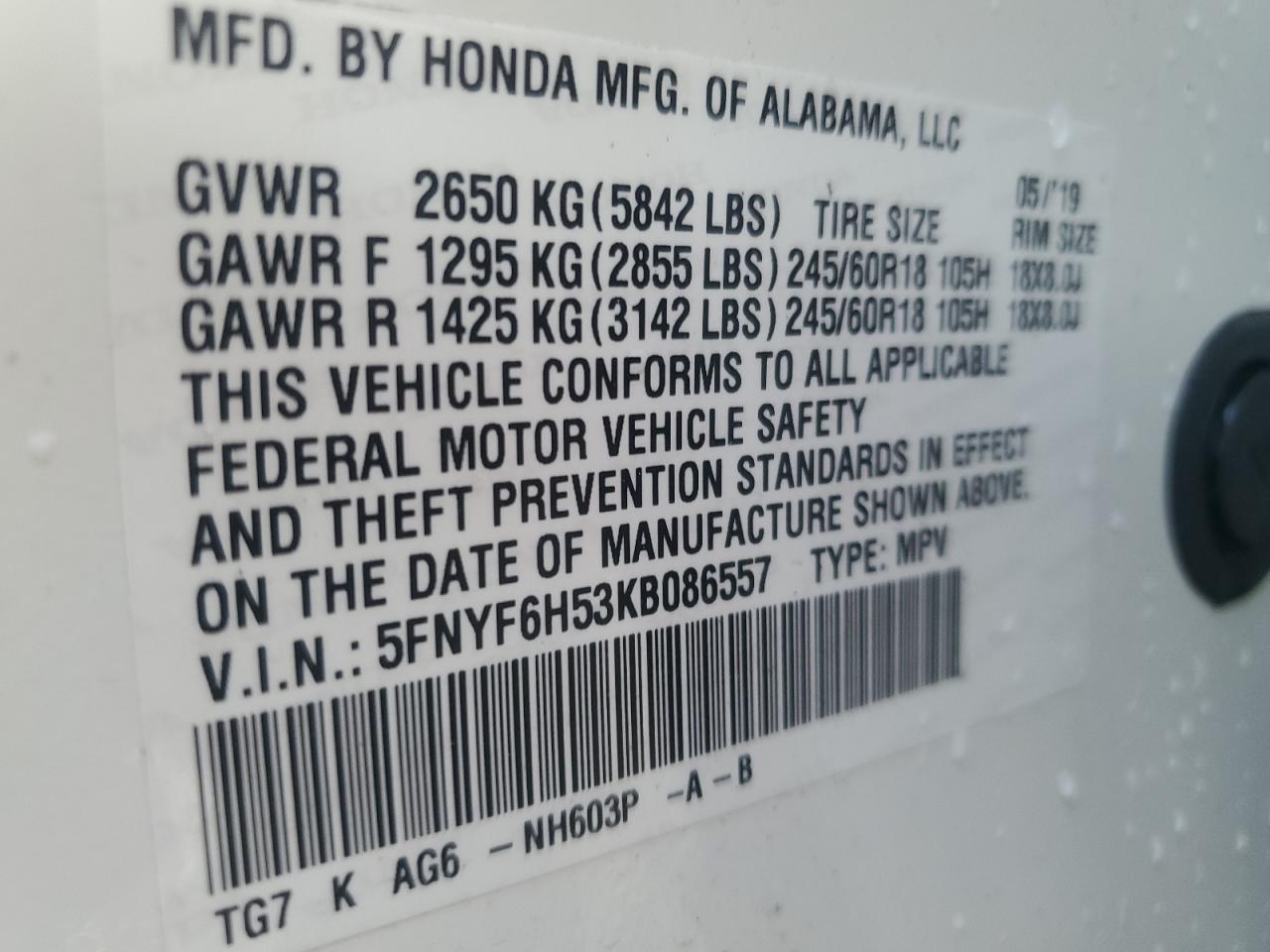 2019 Honda Pilot Exl VIN: 5FNYF6H53KB086557 Lot: 64253815