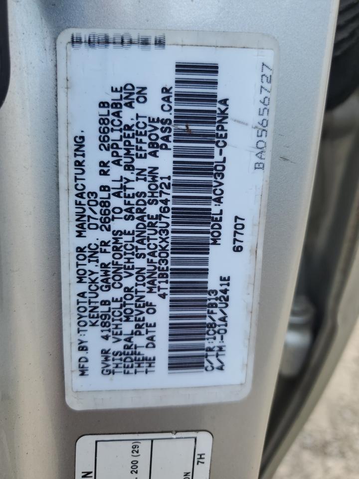 2003 Toyota Camry Le VIN: 4T1BE30KX3U764721 Lot: 63135635
