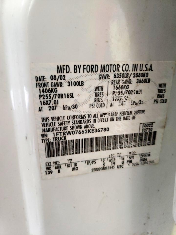 2002 Ford F150 Supercrew VIN: 1FTRW07662KE36780 Lot: 64888545