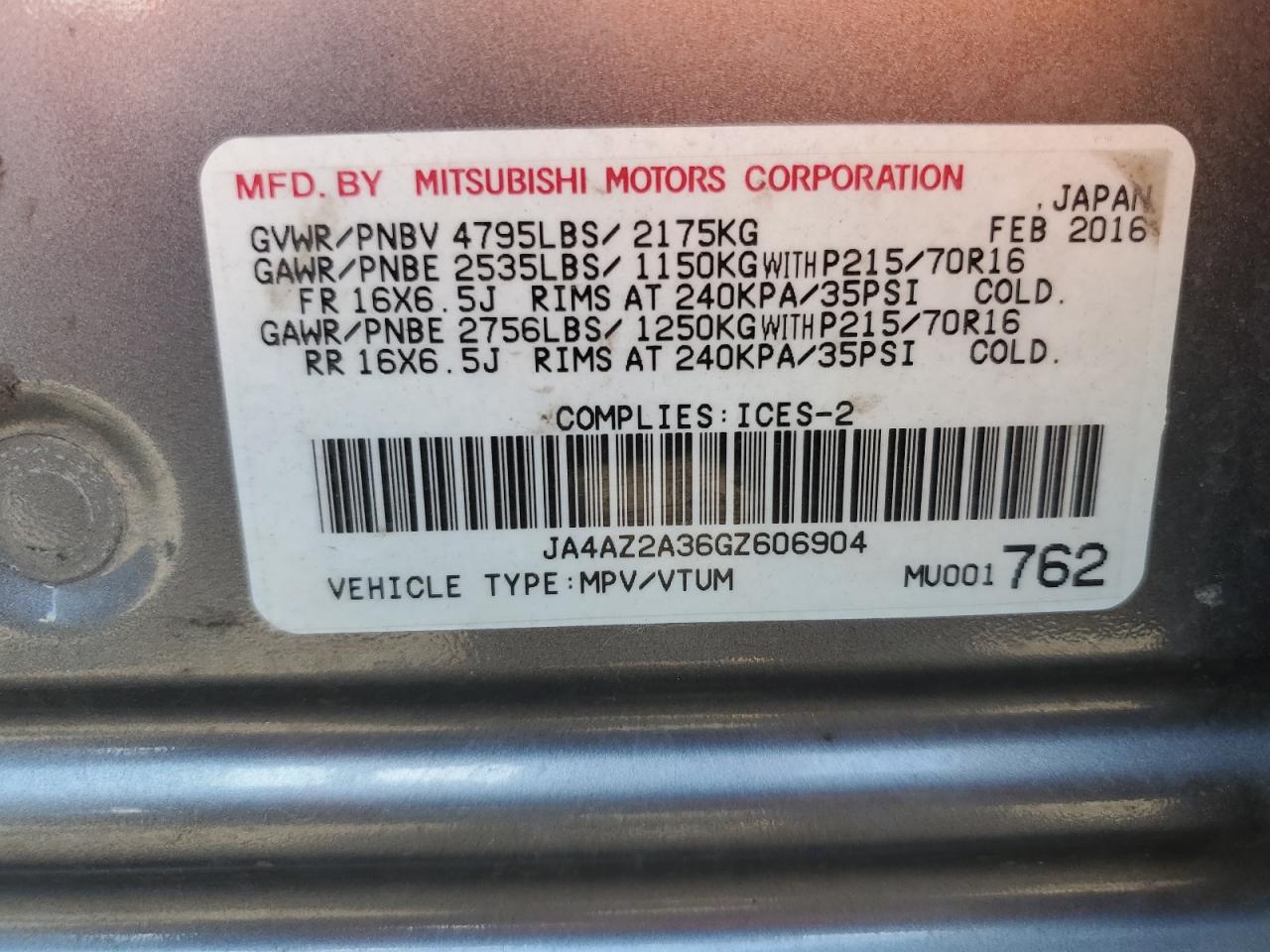 2016 Mitsubishi Outlander Es VIN: JA4AZ2A36GZ606904 Lot: 63785435