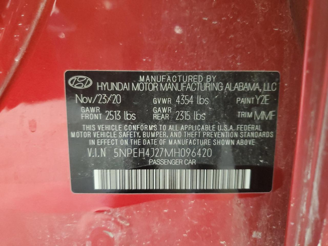 2021 Hyundai Sonata Limited VIN: 5NPEH4J27MH096420 Lot: 64749035