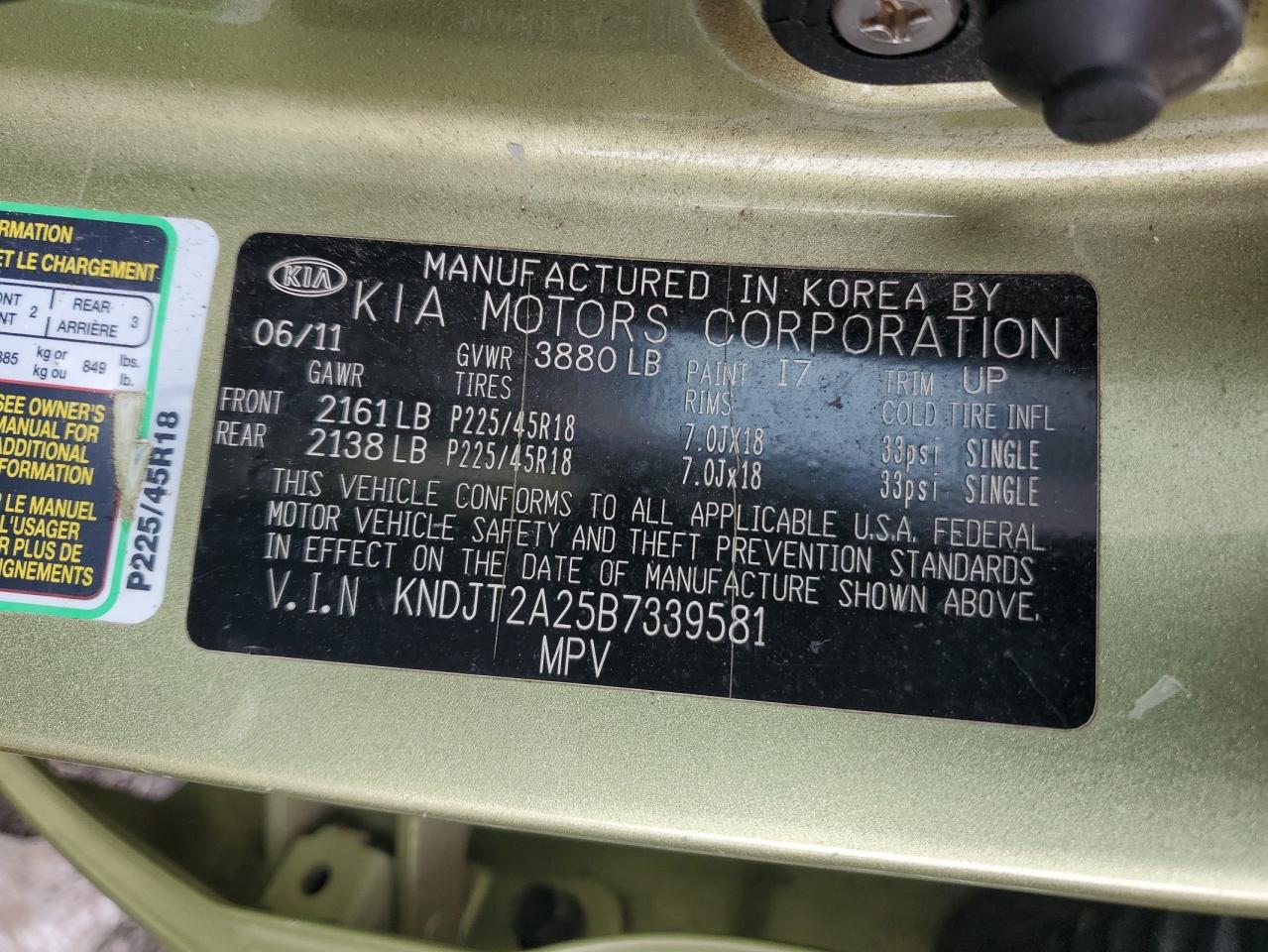2011 Kia Soul + VIN: KNDJT2A25B7339581 Lot: 63794195