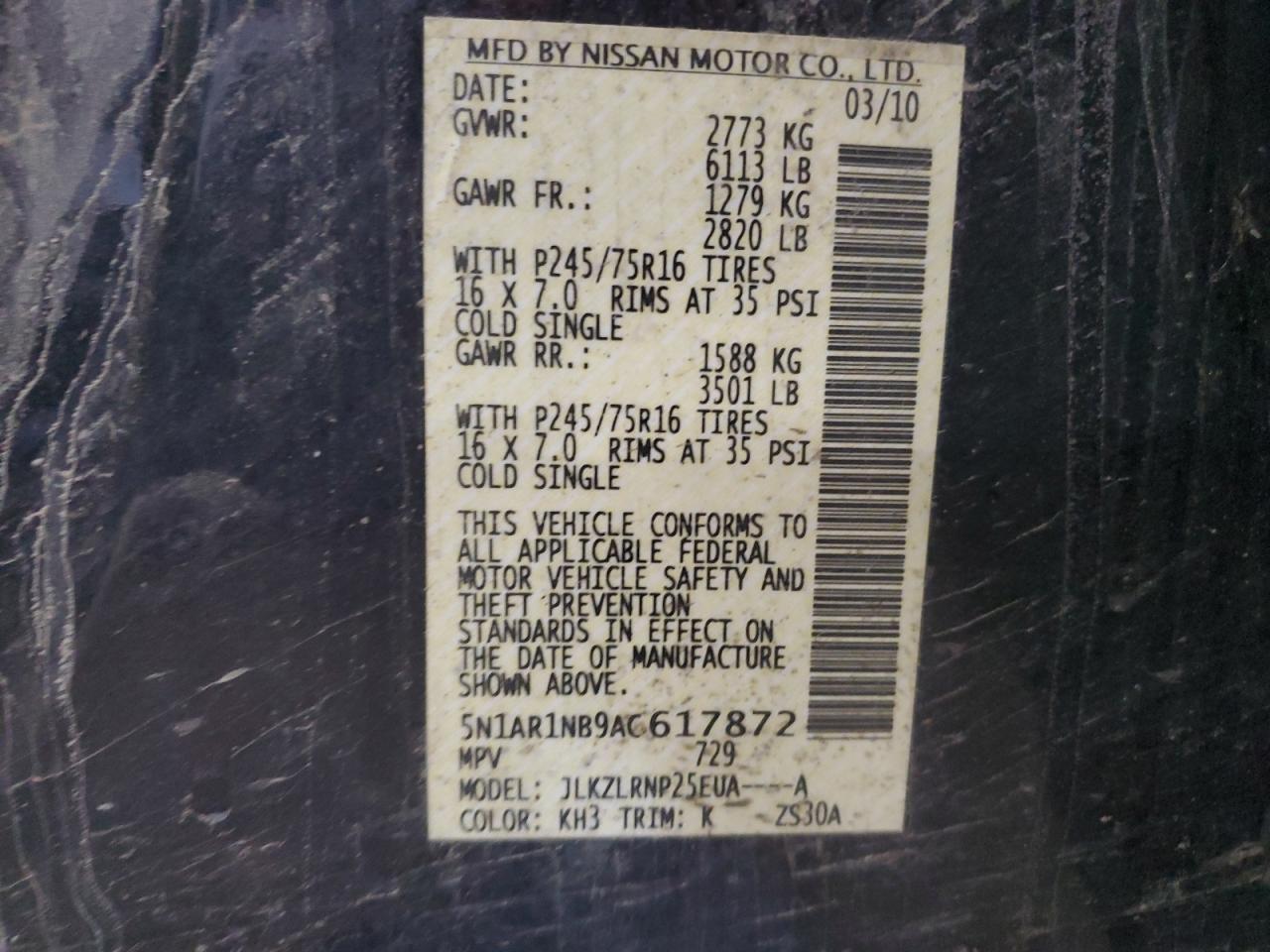 2010 Nissan Pathfinder S VIN: 5N1AR1NB9AC617872 Lot: 65326985
