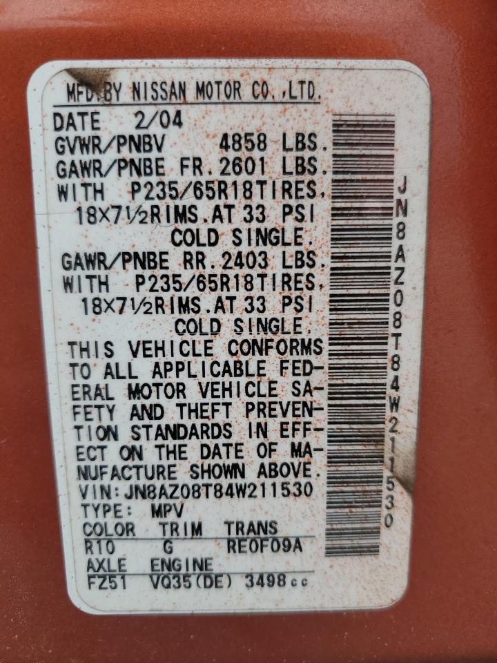 2004 Nissan Murano Sl VIN: JN8AZ08T84W211530 Lot: 65225195