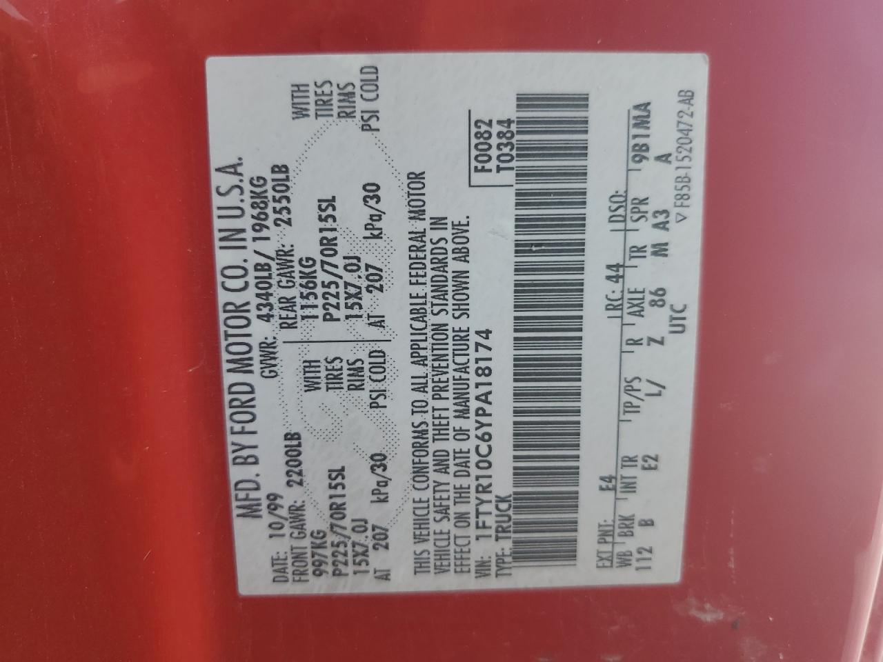 2000 Ford Ranger VIN: 1FTYR10C6YPA18174 Lot: 64108945