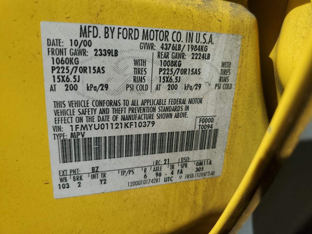 2001 Ford Escape Xls VIN: 1FMYU01121KF10379 Lot: 63602835