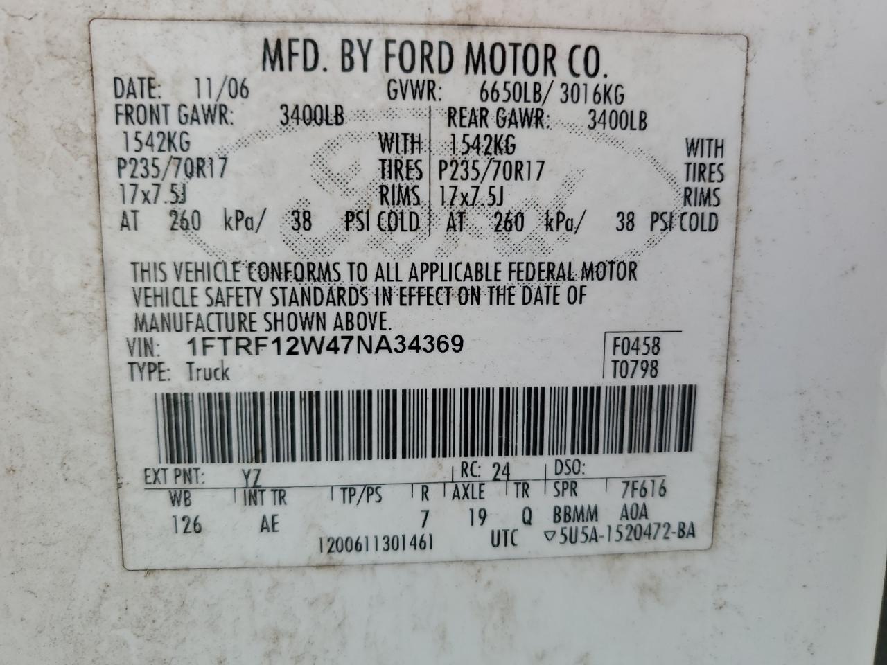 2007 Ford F150 VIN: 1FTRF12W47NA34369 Lot: 63666035