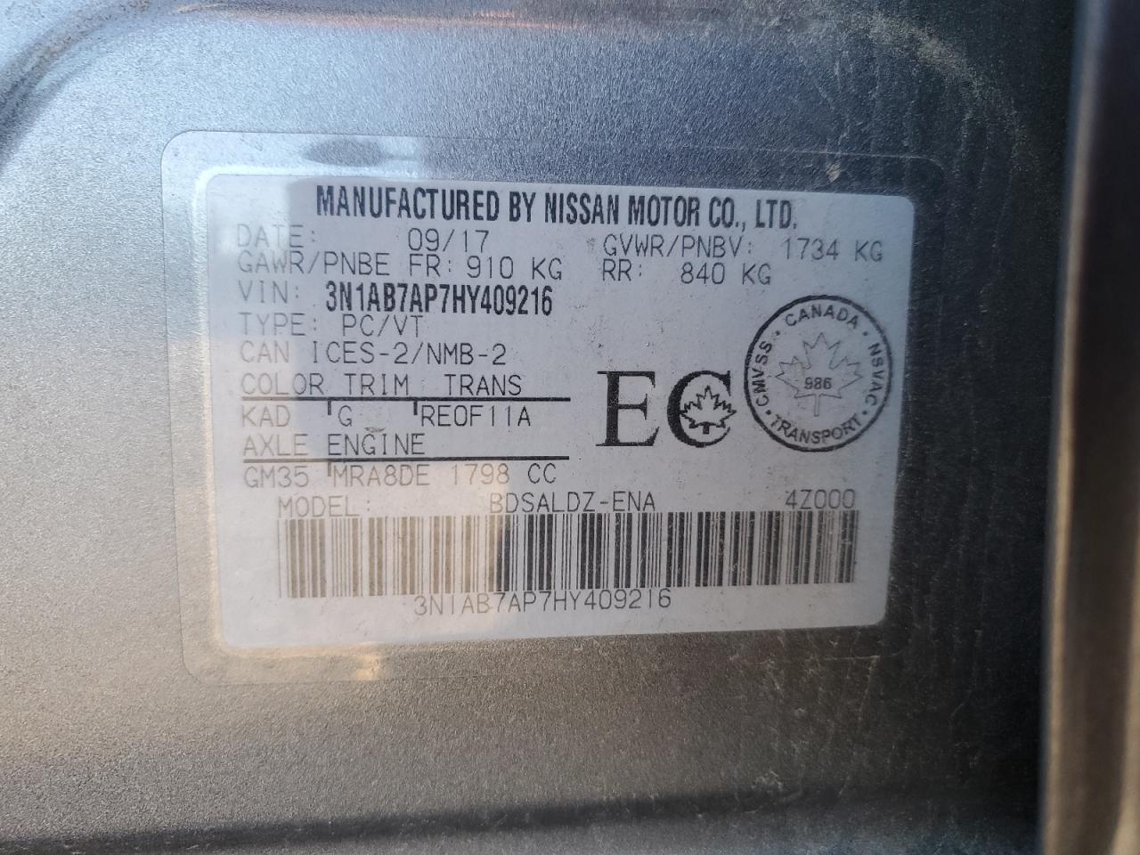 3n1ab7ap7hy409216 3N1AB7AP7HY409216 2017 Nissan Sentra S