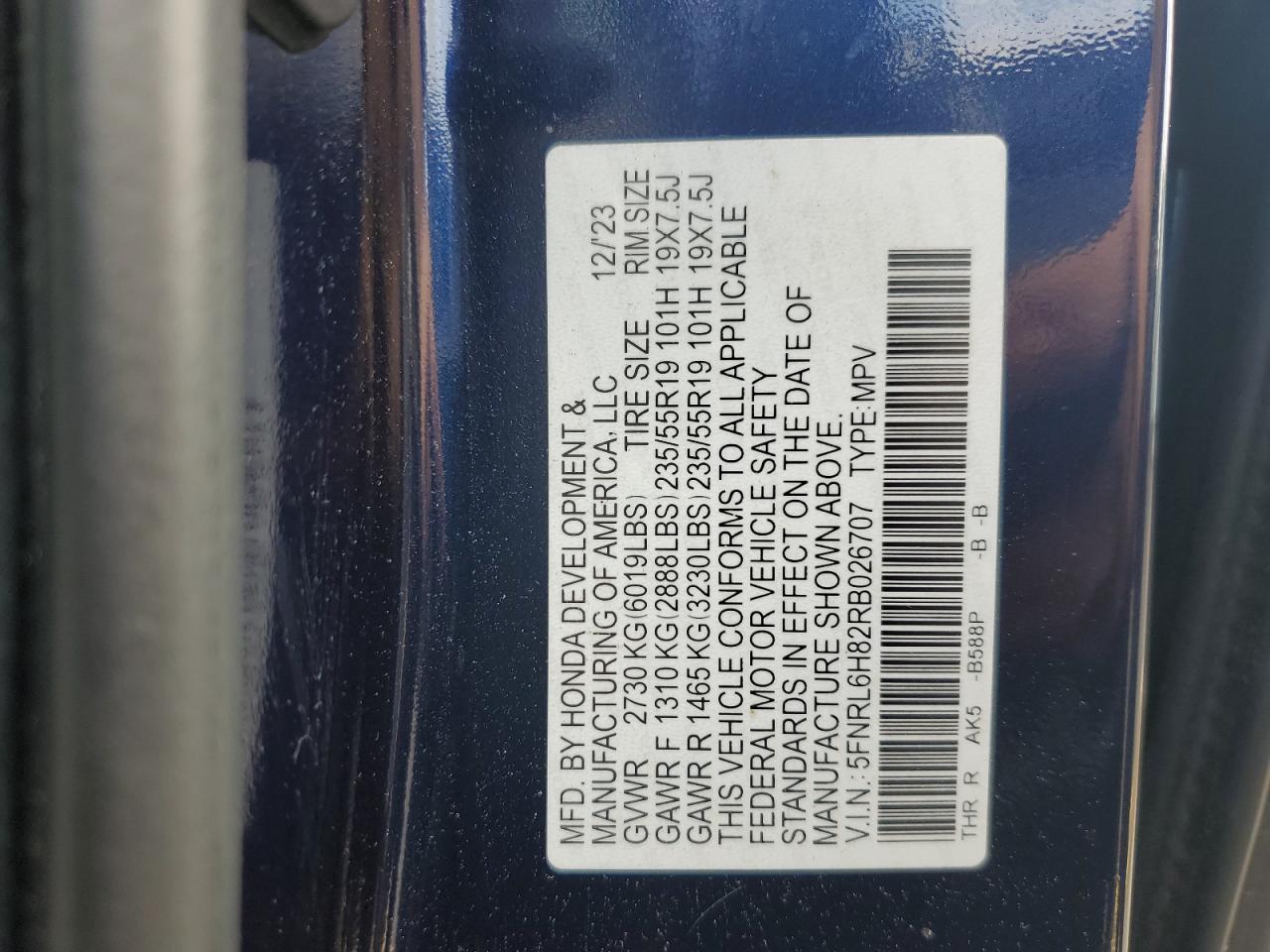2024 Honda Odyssey Touring VIN: 5FNRL6H82RB026707 Lot: 60662075