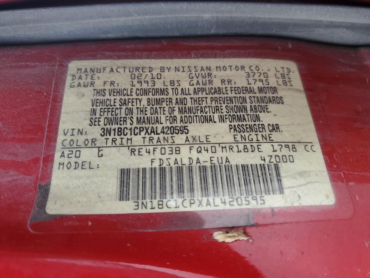 2010 Nissan Versa S VIN: 3N1BC1CPXAL420595 Lot: 64426475