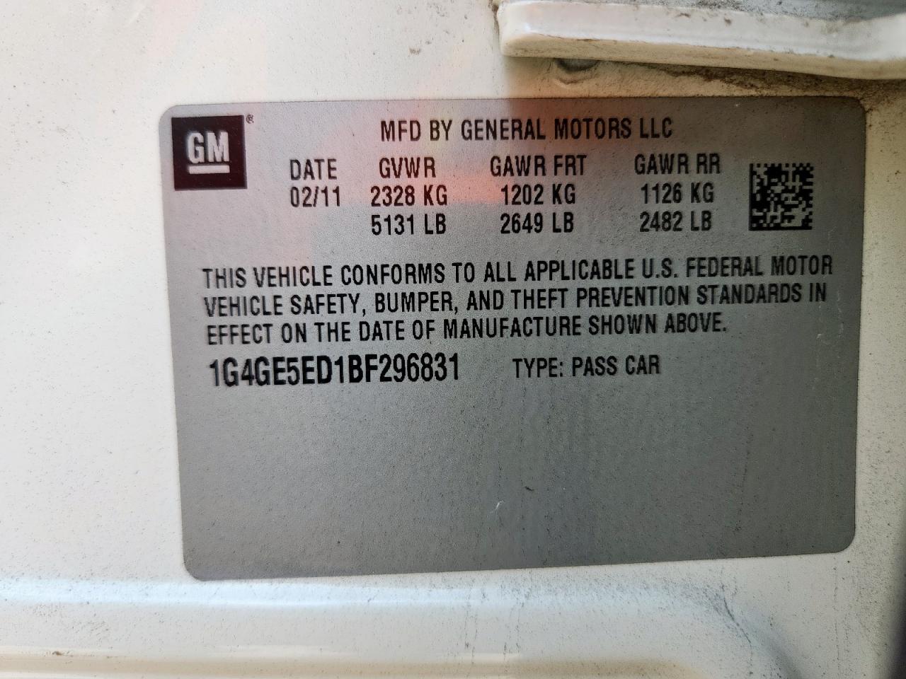 2011 Buick Lacrosse Cxs VIN: 1G4GE5ED1BF296831 Lot: 63475835