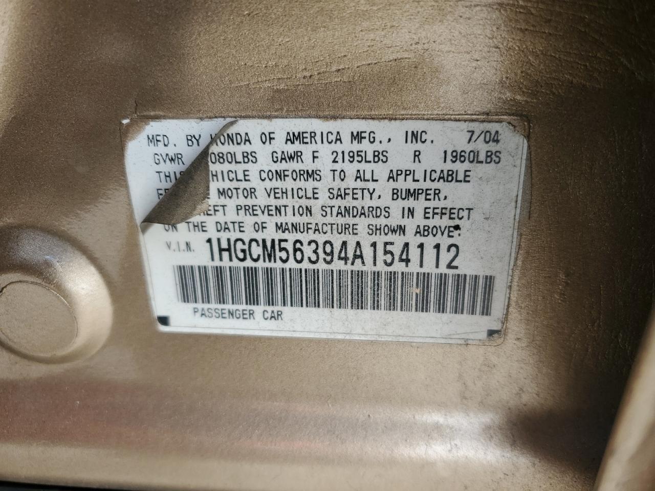 2004 Honda Accord Lx VIN: 1HGCM56394A154112 Lot: 65049635