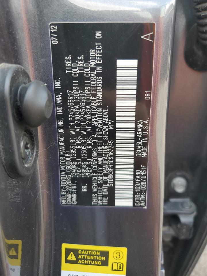 2012 Toyota Highlander Base VIN: 5TDBK3EH1CS167245 Lot: 64044785