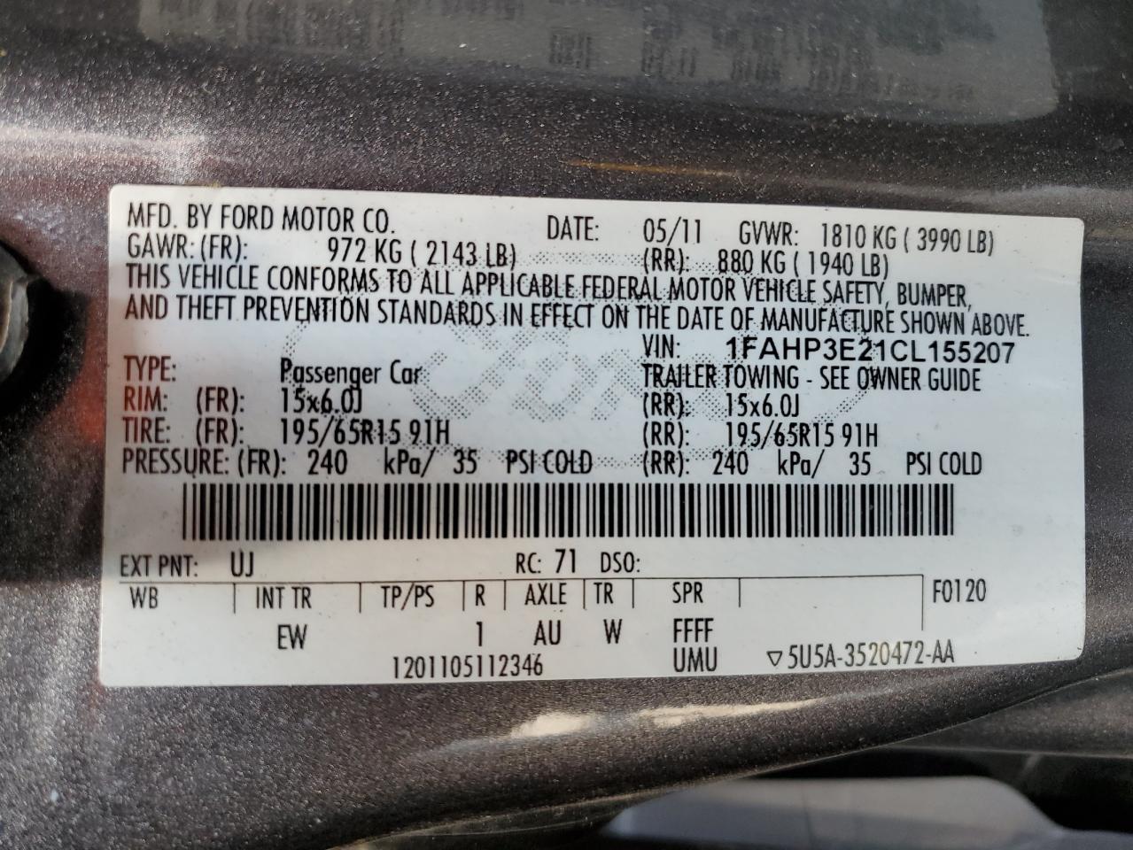 2012 Ford Focus S VIN: 1FAHP3E21CL155207 Lot: 63472655