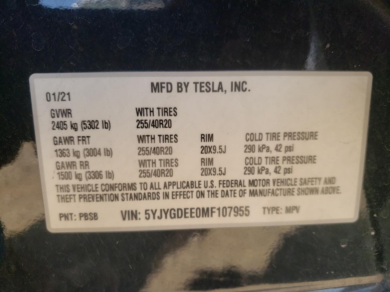2021 Tesla Model Y VIN: 5YJYGDEE0MF107955 Lot: 65192185