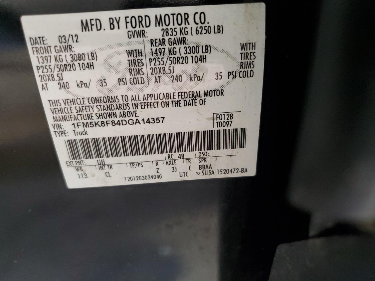 2013 Ford Explorer Limited VIN: 1FM5K8F84DGA14357 Lot: 63491565