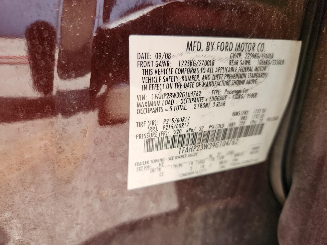 2009 Ford Taurus Se VIN: 1FAHP23W39G104762 Lot: 64445715