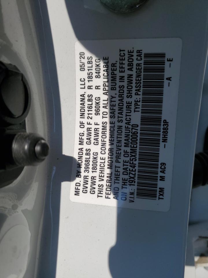 2021 Honda Insight Ex VIN: 19XZE4F5XME000670 Lot: 63110695