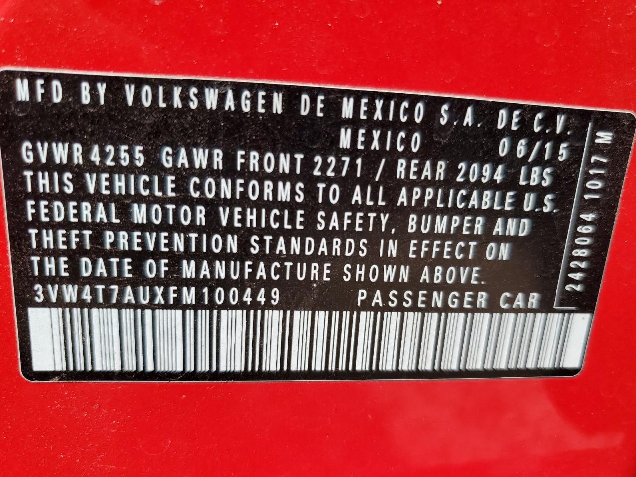 2015 Volkswagen Gti VIN: 3VW4T7AUXFM100449 Lot: 64990925