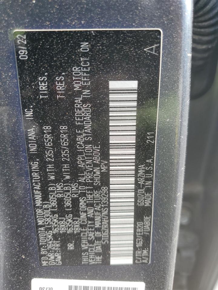2022 Toyota Highlander Xle VIN: 5TDGZRAH7NS139298 Lot: 64968615