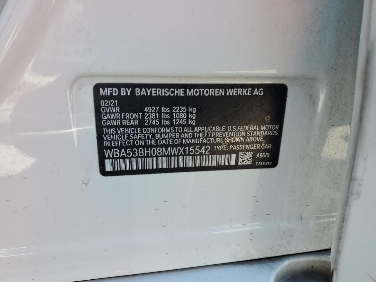 2021 BMW 530 I VIN: WBA53BH08MWX15542 Lot: 66371115