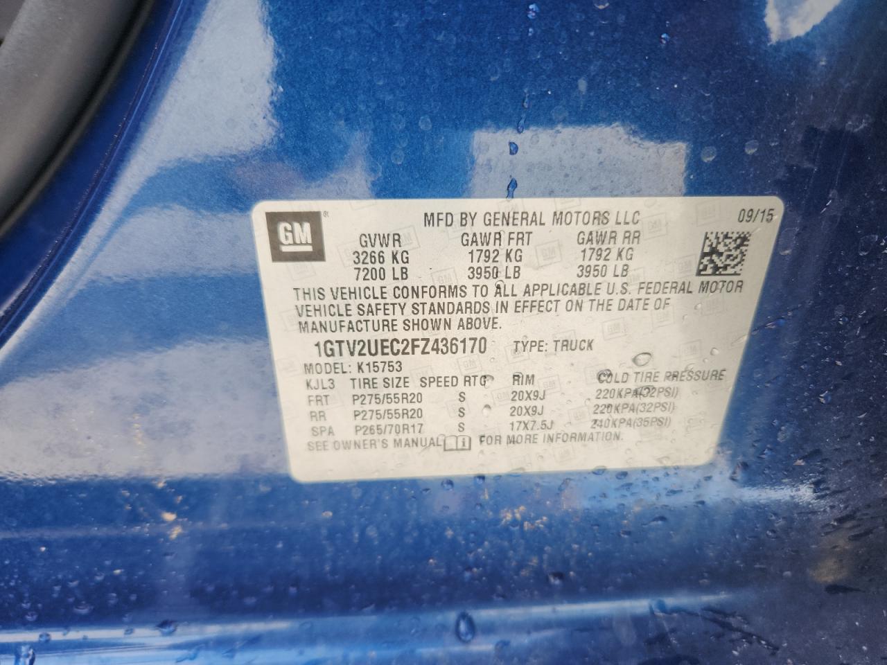 2015 GMC Sierra K1500 Sle VIN: 1GTV2UEC2FZ436170 Lot: 64626495