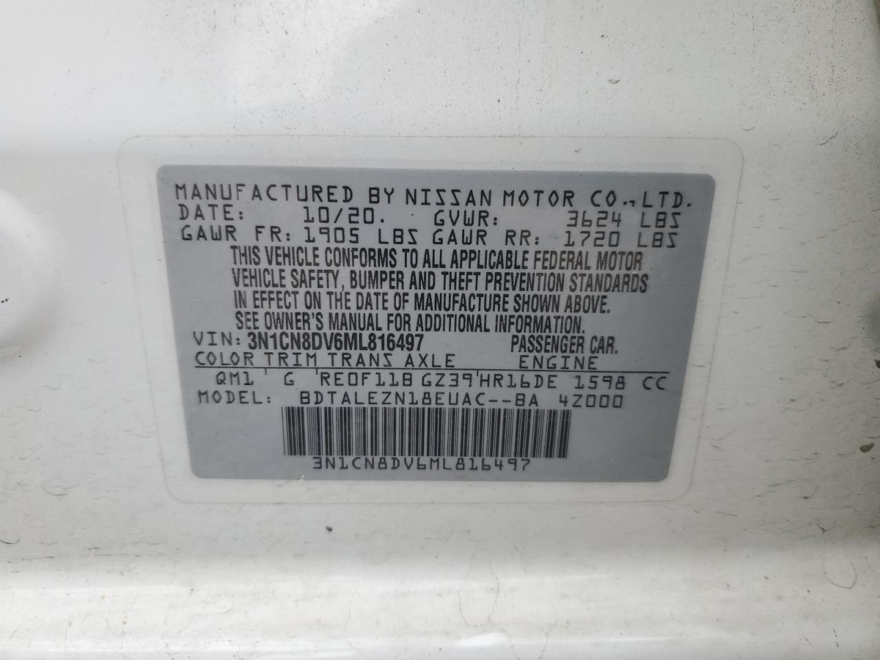 2021 Nissan Versa S VIN: 3N1CN8DV6ML816497 Lot: 64312485