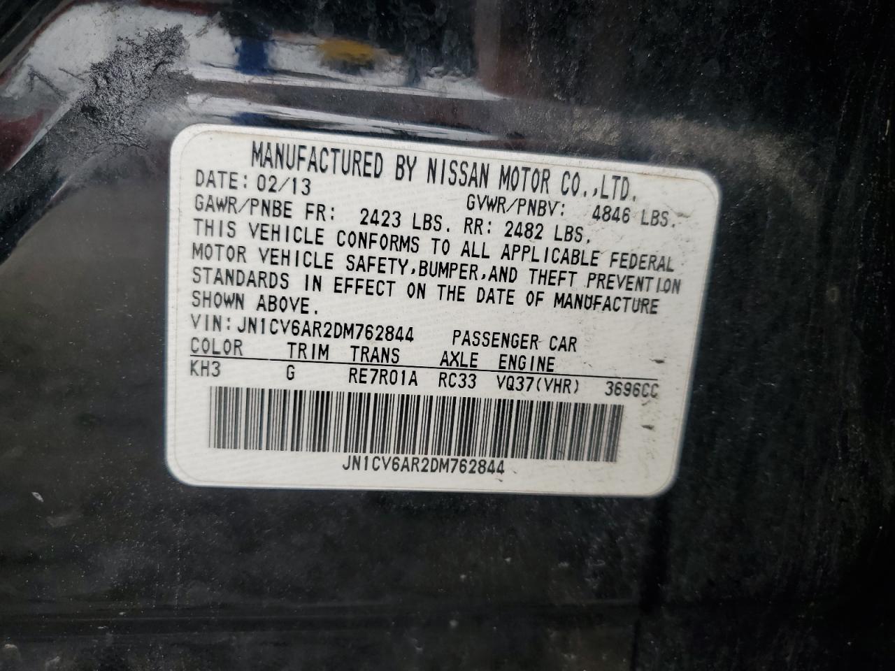 2013 Infiniti G37 VIN: JN1CV6AR2DM762844 Lot: 65064625