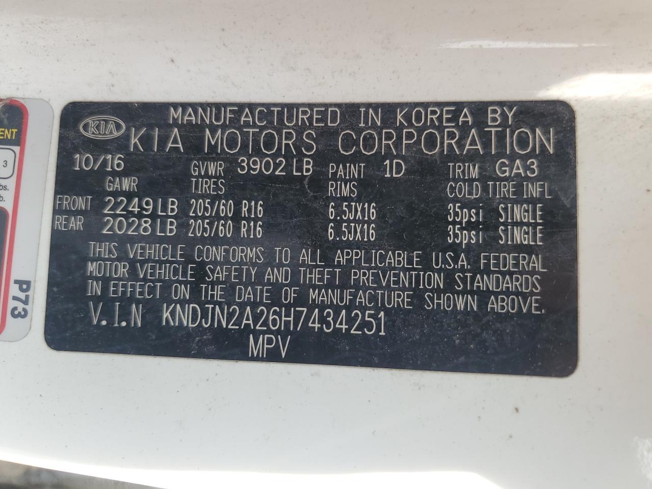 2017 Kia Soul VIN: KNDJN2A26H7434251 Lot: 64228685