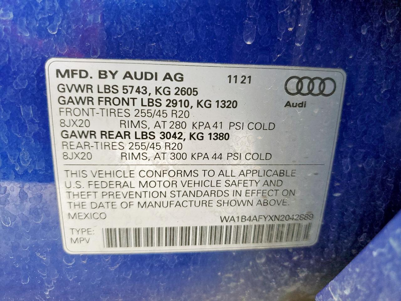 2022 Audi Sq5 Premium Plus VIN: WA1B4AFYXN2042889 Lot: 63324475