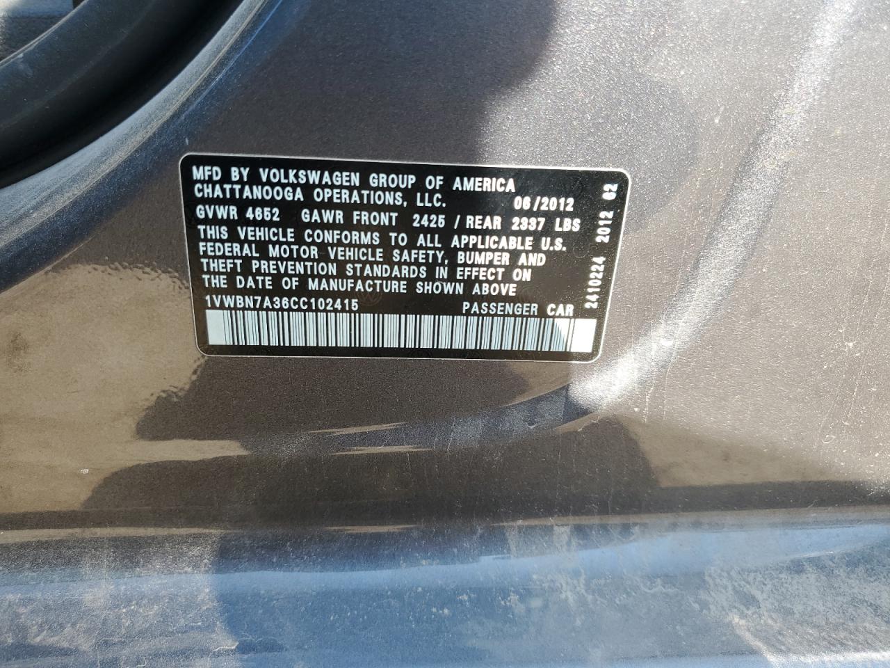 2012 Volkswagen Passat Se VIN: 1VWBN7A36CC102415 Lot: 64988855