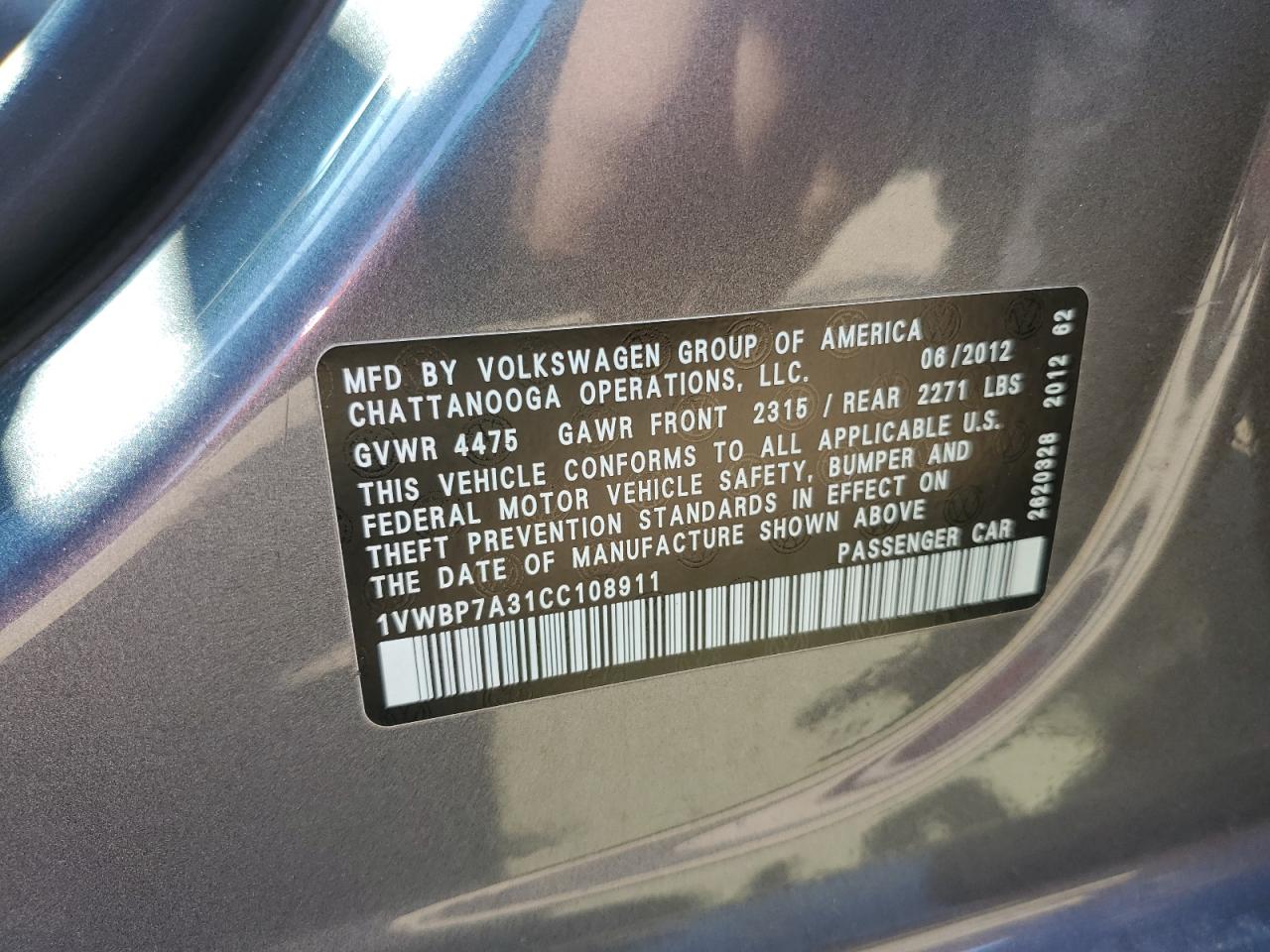 2012 Volkswagen Passat Se VIN: 1VWBP7A31CC108911 Lot: 63316195