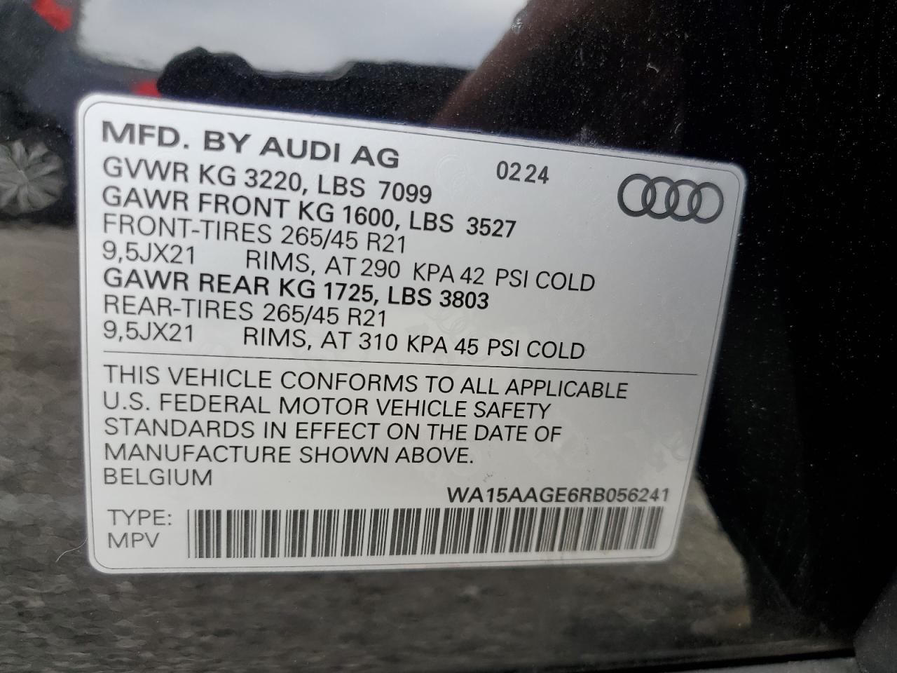 2024 Audi Q8 E-Tron Premium Plus VIN: WA15AAGE6RB056241 Lot: 65036655