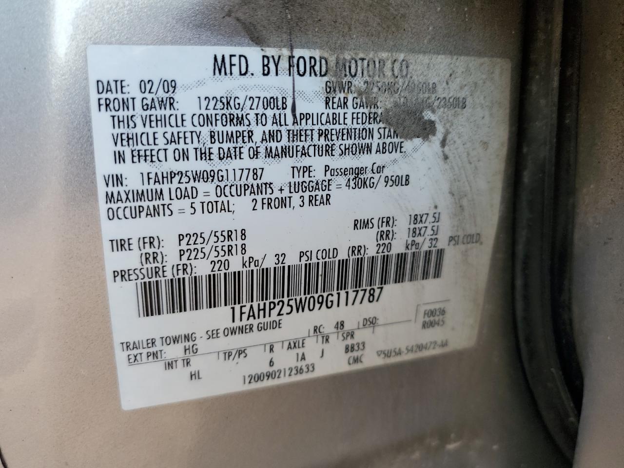 2009 Ford Taurus Limited VIN: 1FAHP25W09G117787 Lot: 64168635