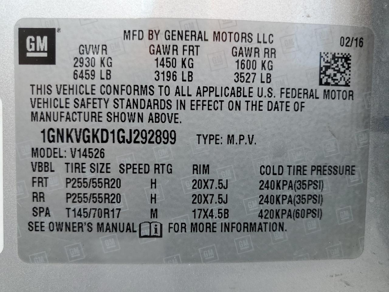 2016 Chevrolet Traverse Lt VIN: 1GNKVGKD1GJ292899 Lot: 64305735