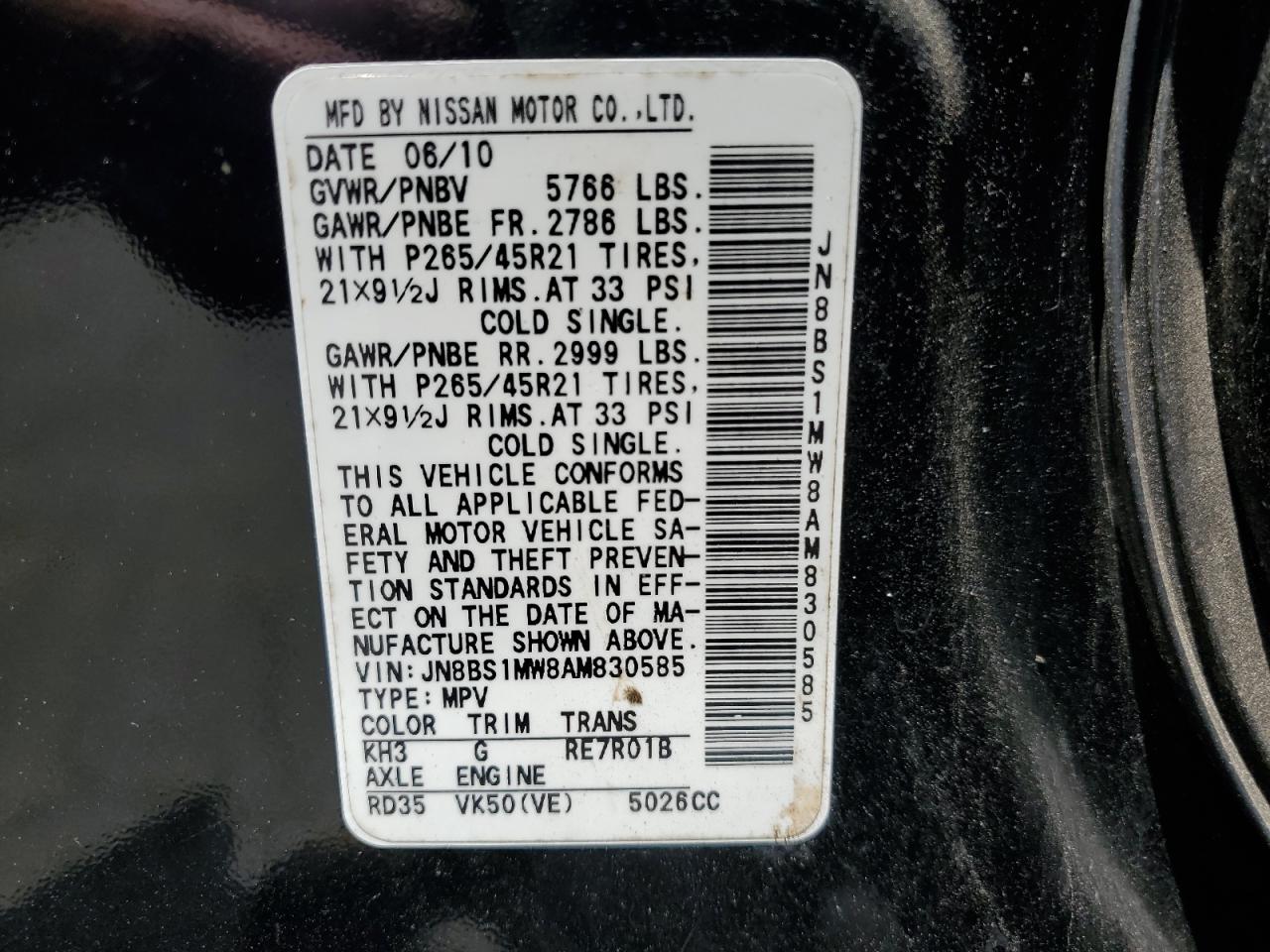 2010 Infiniti Fx50 VIN: JN8BS1MW8AM830585 Lot: 62987495