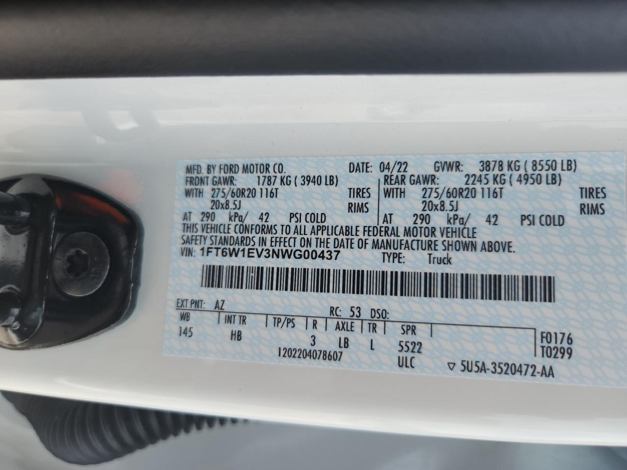 2022 Ford F150 Lightning Pro VIN: 1FT6W1EV3NWG00437 Lot: 63005595