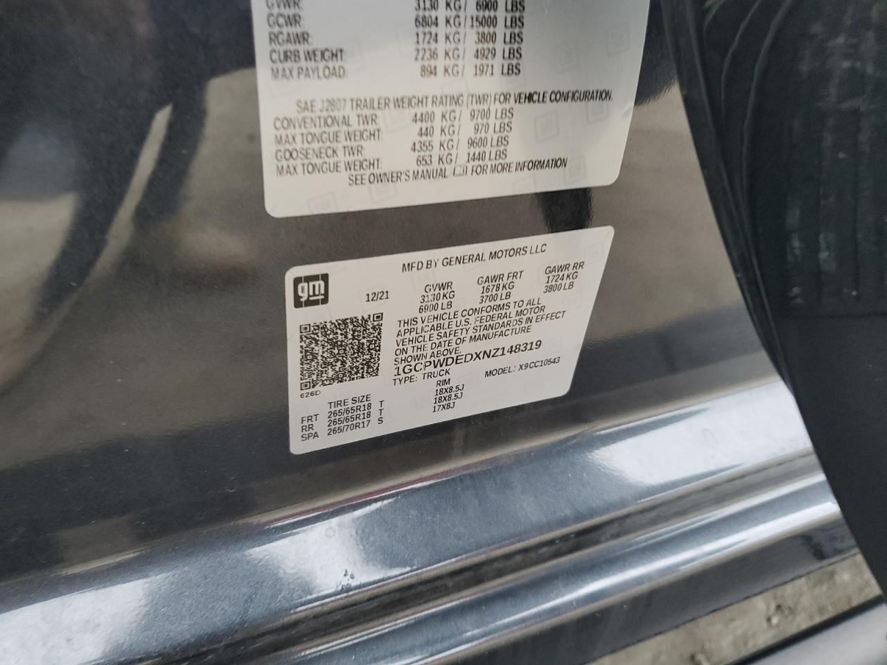 2022 Chevrolet Silverado Ltd C1500 Rst VIN: 1GCPWDEDXNZ148319 Lot: 62749825