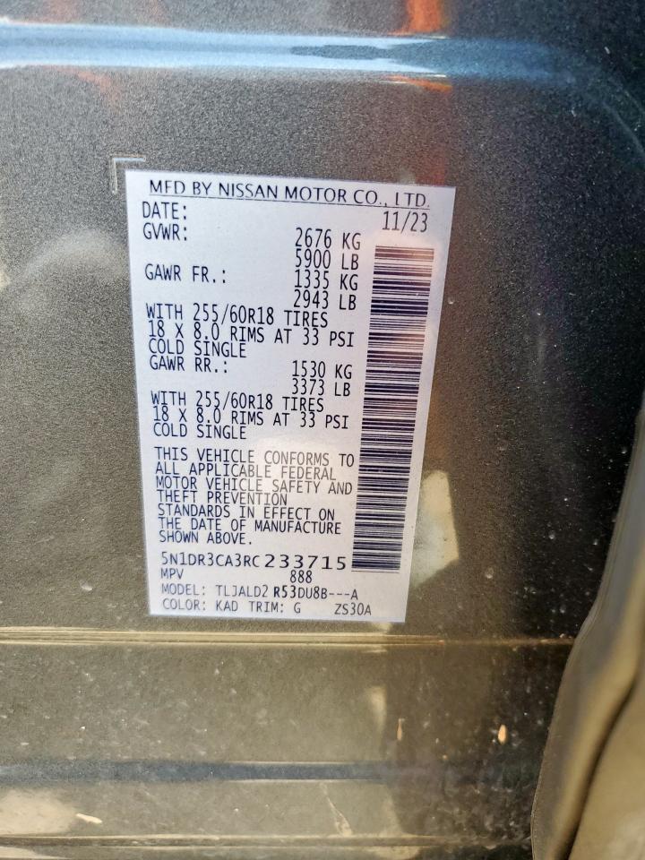 2024 Nissan Pathfinder Sl VIN: 5N1DR3CA3RC233715 Lot: 64860575