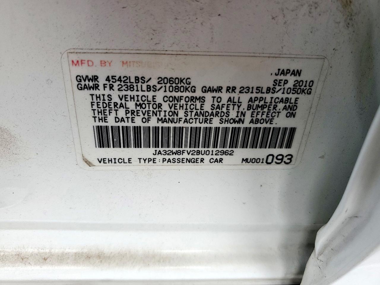 2011 Mitsubishi Lancer Evolution Gsr VIN: JA32W8FV2BU012962 Lot: 63618395