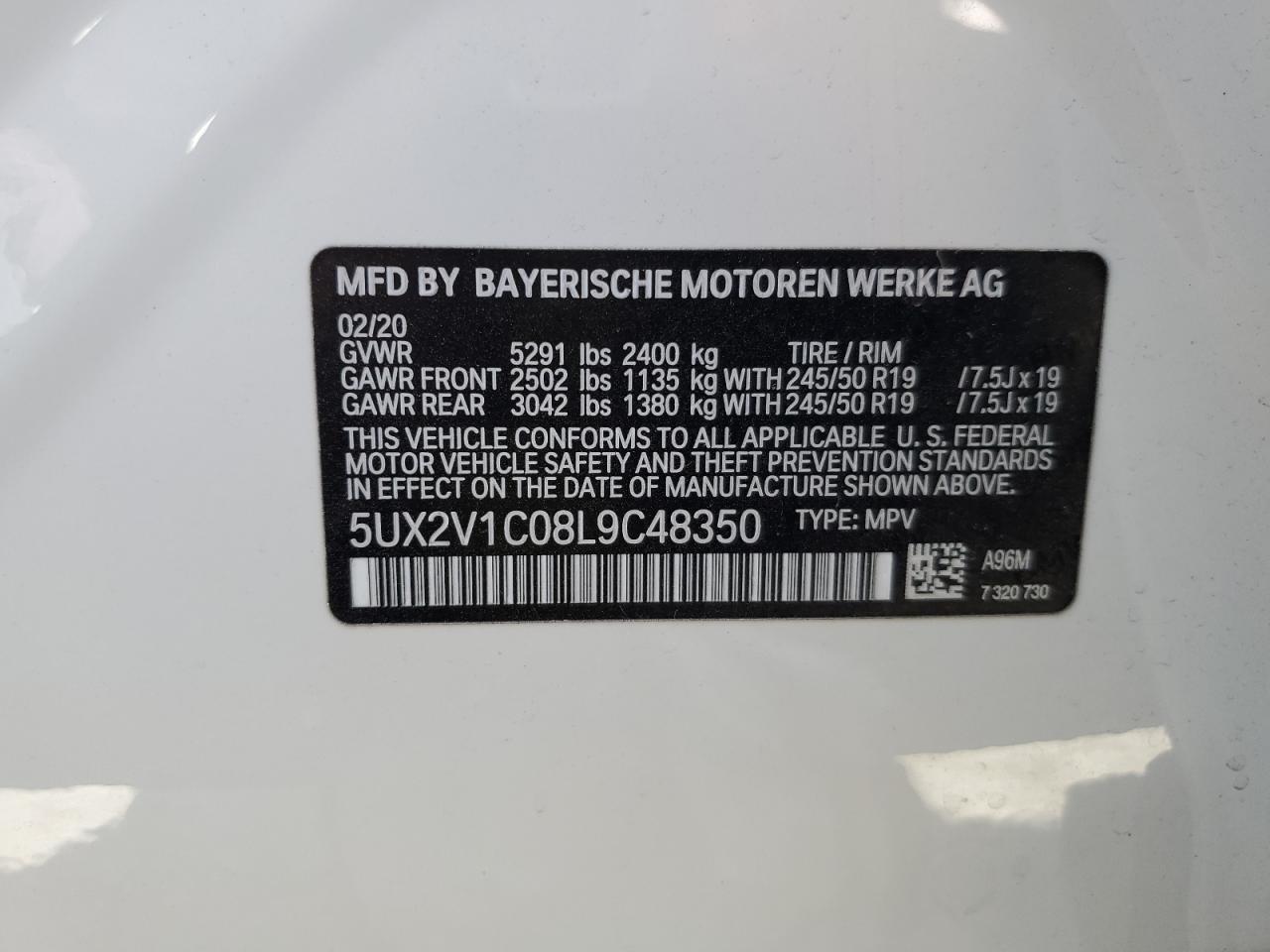 2020 BMW X4 xDrive30I VIN: 5UX2V1C08L9C48350 Lot: 63498705