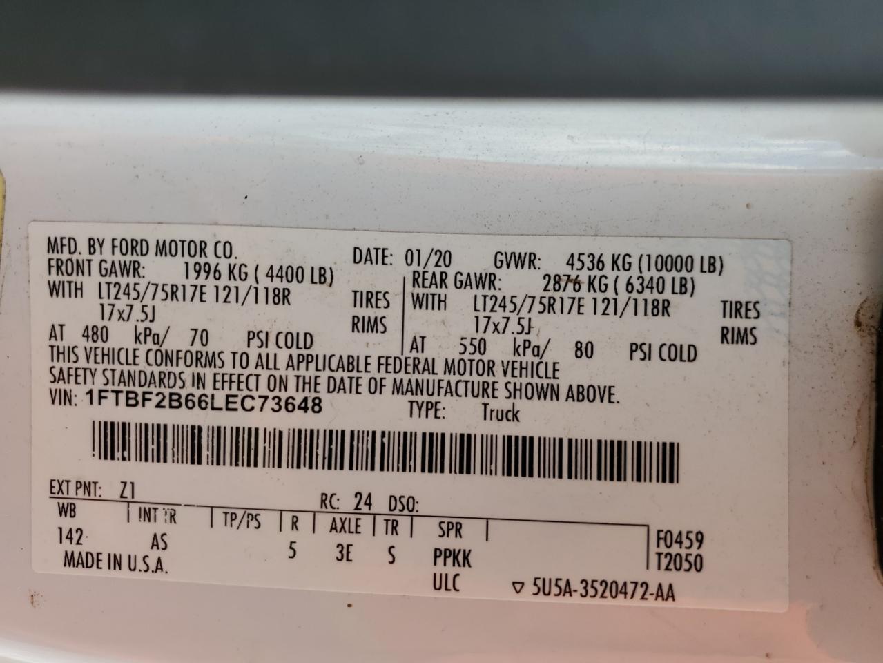2020 Ford F250 Super Duty VIN: 1FTBF2B66LEC73648 Lot: 66920625