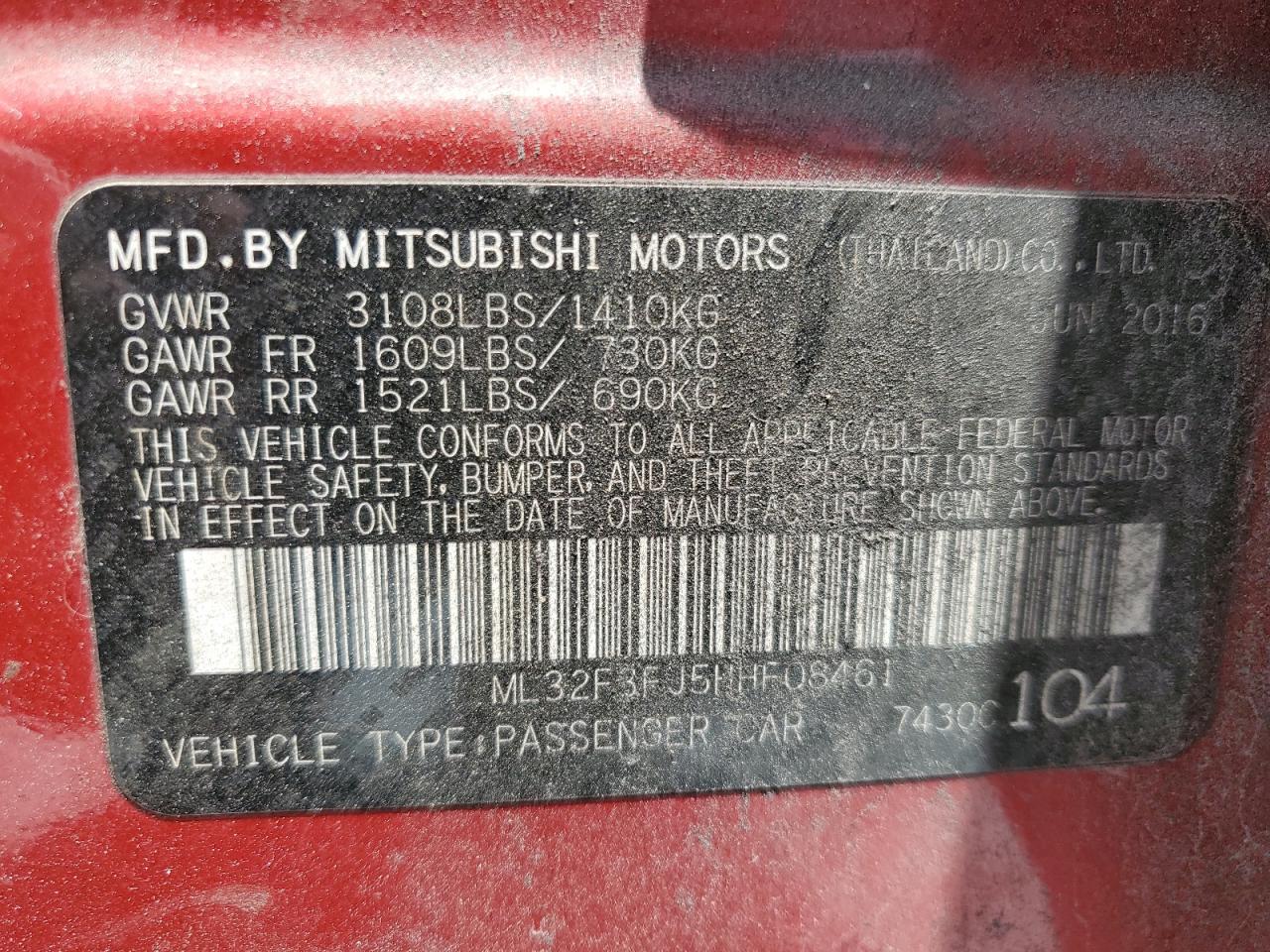 2017 Mitsubishi Mirage G4 Es VIN: ML32F3FJ5HHF08461 Lot: 64929205