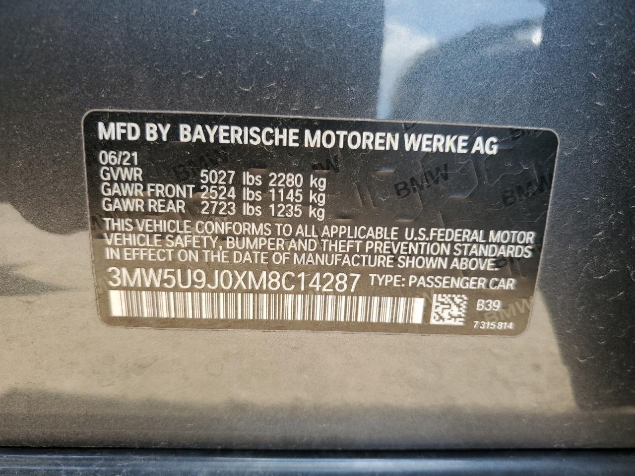 2021 BMW M340Xi VIN: 3MW5U9J0XM8C14287 Lot: 63743275