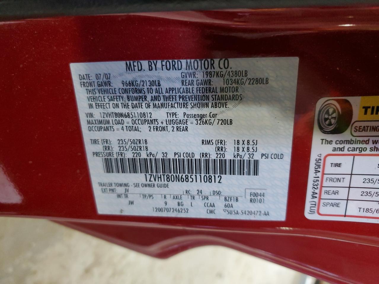 2008 Ford Mustang VIN: 1ZVHT80N685110812 Lot: 66476935