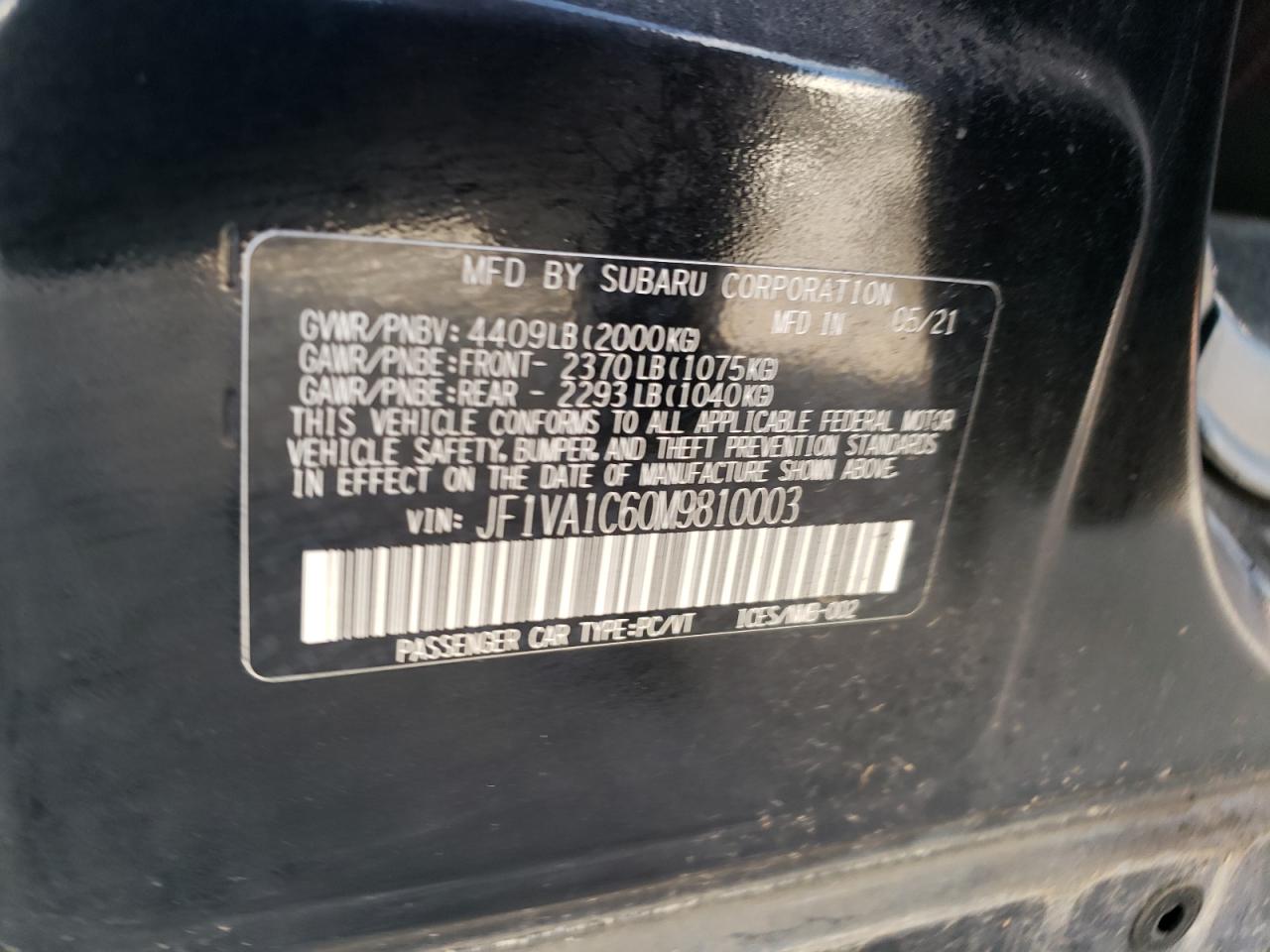 2021 Subaru Wrx Premium VIN: JF1VA1C60M9810003 Lot: 64793325