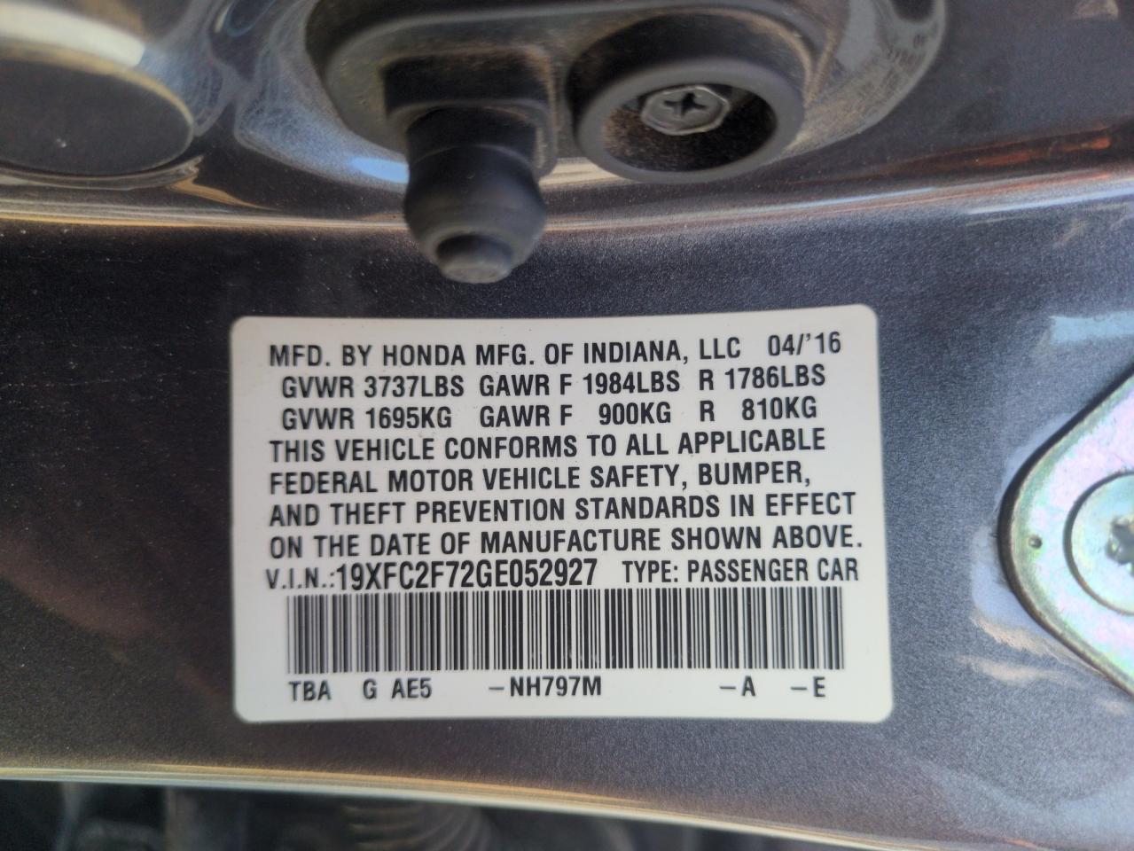 2016 Honda Civic Ex VIN: 19XFC2F72GE052927 Lot: 63211495