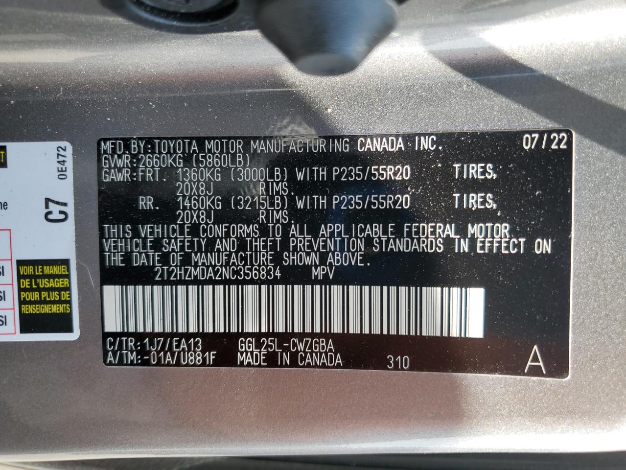 2022 Lexus Rx 350 VIN: 2T2HZMDA2NC356834 Lot: 63120355
